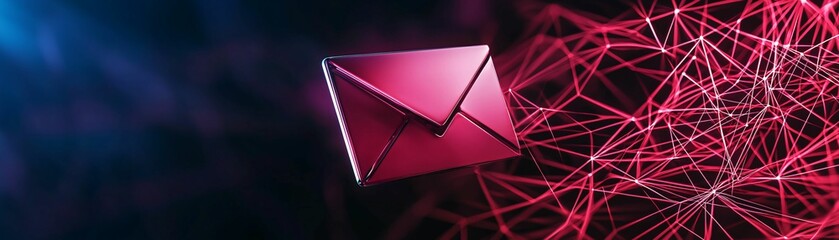 Poster - Email service. A vibrant digital envelope floats amidst a web of connections, symbolizing communication and technology in a modern context.