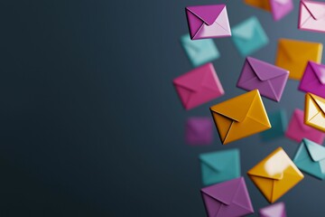 Poster - Email service. Colorful envelopes float against a dark background, creating a vibrant and dynamic visual representation of communication and connection.