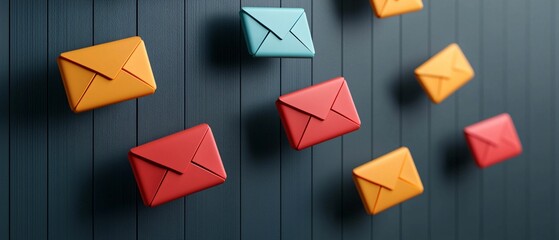 Poster - Email service. Colorful envelopes hang against a dark backdrop, creating a vibrant visual display that symbolizes communication and connection.