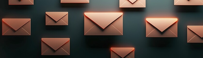 Poster - Email service. A visually appealing arrangement of copper-colored envelopes set against a dark background, evoking themes of communication and connection.