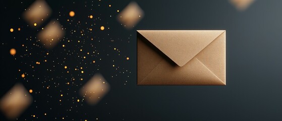 Poster - email service. a sleek, golden envelope floats against a dark background, surrounded by sparkling pa