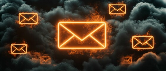 Poster - email service. a glowing orange envelope icon surrounded by dark clouds, symbolizing digital communi