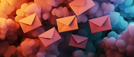 Poster - Email service. Colorful envelopes float above a vibrant, cloud-like background, symbolizing communication and digital messaging.