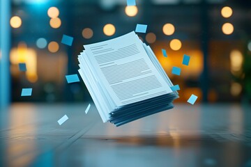 Poster - Email service. A dynamic scene featuring floating papers in a vibrant office setting, signifying productivity and innovation in a modern workspace.