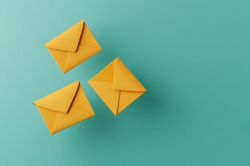 Poster - Email service. Three yellow envelopes on a turquoise background, creating a vibrant and cheerful visual suitable for mail or communication themes.