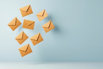 Poster - Email service. A collection of floating brown envelopes against a light blue background, suggesting communication and correspondence.