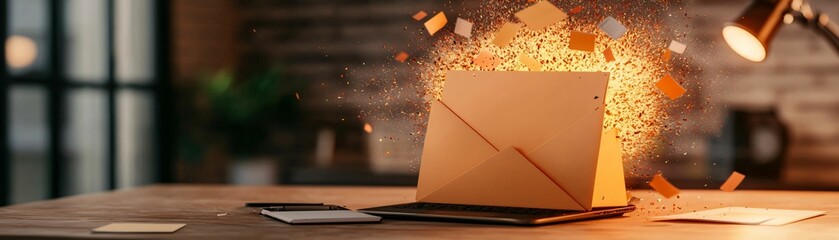 Poster - Email service. A laptop on a wooden desk with an envelope bursting with colorful confetti, symbolizing creativity and communication.