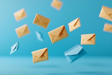 Poster - Email service. Colorful envelopes floating against a blue background, symbolizing communication and messaging.