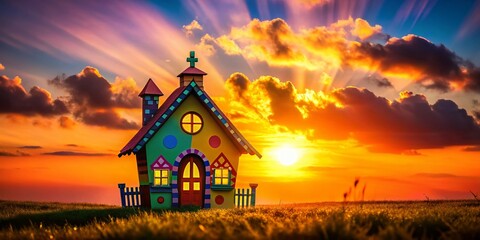 Poster - Vibrant Silhouette of a Colorful Cartoon House Building with a Dreamy Background for Creative Projects and Illustrations
