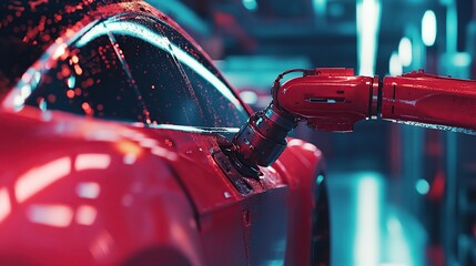 Poster - A robotic arm refueling a sleek red car in a futuristic garage setting.