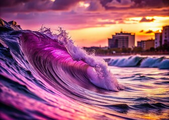 Poster - Vibrant Urban Exploration of Sea Waves in Purple and Pink Layers, Capturing the Essence of Coastal Beauty and Artistic Abstracts in an Urban Landscape