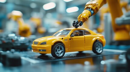 Poster - A robotic arm interacts with a toy car in a factory setting, highlighting automation.