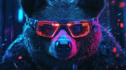 Wall Mural - cyberpunk bear highlighted with vivid glasses and futuristic glowing design