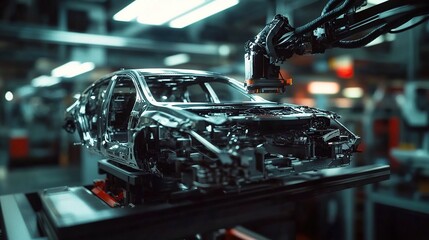 Poster - A robotic arm assembling a transparent car frame in a modern factory setting.