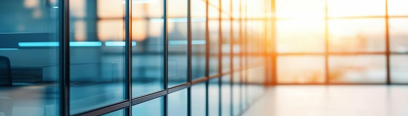 Modern office building with glass walls, blue light reflections and blurred background, corporate environment, business innovation concept