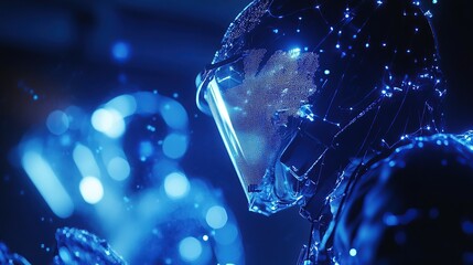 Poster - A futuristic figure in a glowing helmet, immersed in a digital environment.