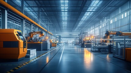 Poster - Industrial warehouse with robotic arms and automated machinery for manufacturing.