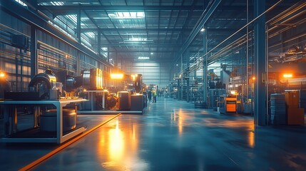 Poster - A spacious industrial warehouse with machinery and illuminated workspaces.