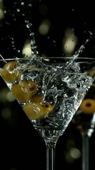 Poster - Super slow motion of falling olives into cocktail drink, camera movement. Filmed on high speed cinema camera, 1000 fps. Vertical Aspect Ratio.