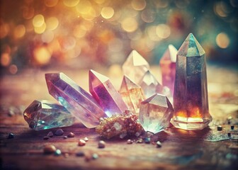 Poster - Vintage Style Photography of Crystals Drawn in Soft Pastels with Delicate Shadows and Textures, Evoking Nostalgia and Natural Beauty in a Serene Setting