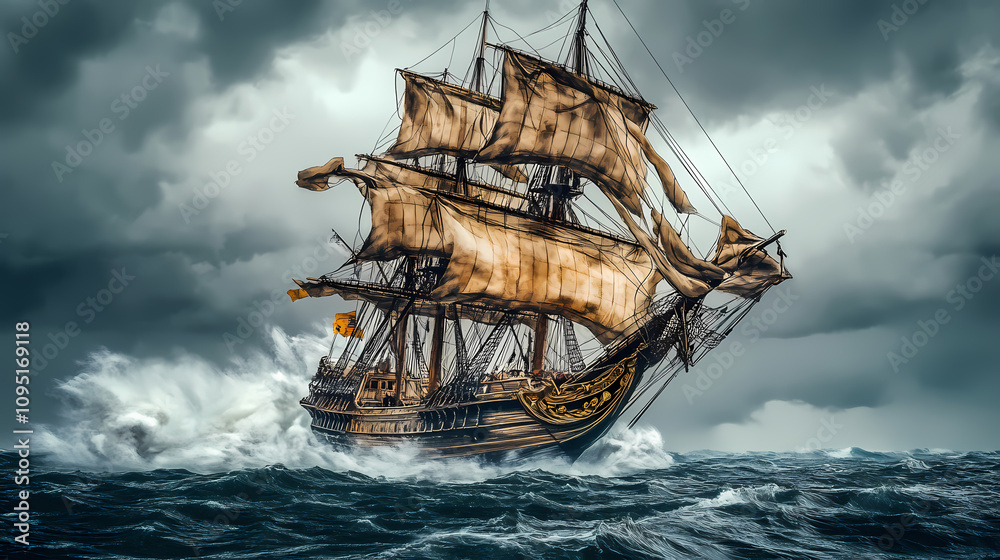 Dramatic painting of a ship battling stormy sea with crashing waves and ...