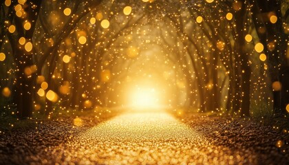 Poster - Abstract Photo Of Light Burst Among Trees With Blurred Effect And Glittering Golden Bokeh Lights. Mesmerizing And Enchanting Image Captured.