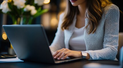 Poster - Woman Typing on a Laptop with White Flowers in the Background