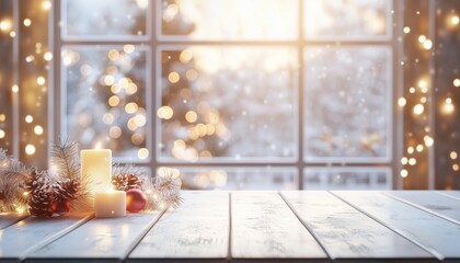 Poster - Frosty Window Interior With Christmas Table Featuring Copy Space. The Blur Decorations Add A Festive Touch To The Holiday Scene.