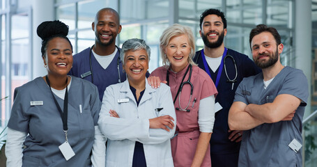 Aufkleber - Portrait, diversity and doctors in hospital, group and confidence with happiness. Employees, medical and professional in clinic, career ambition and smile with uniform, healthcare and teamwork