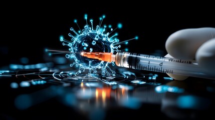 Wall Mural - Syringe injecting glowing virus model, representing vaccination or antiviral treatment in a high-tech medical concept