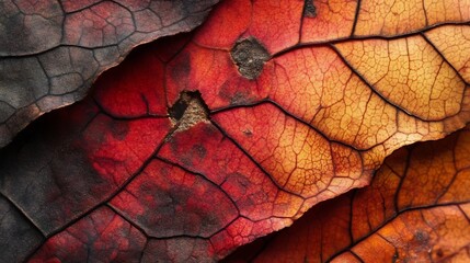Poster - Detailed macro shot showcasing the intricate organic textures patterns and vibrant autumn colors of a fallen leaf
