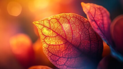 Poster - Stunning macro shot highlighting the intricate details and vivid colors of an autumn leaf captured in a soft atmospheric light  The natural beauty and elegant patterns of this organic