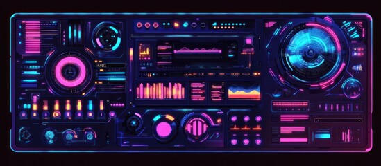 Futuristic neon interface with glowing buttons, knobs, and displays.
