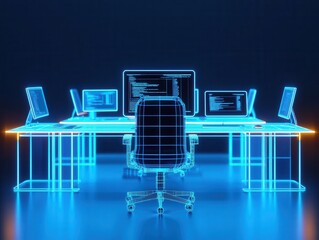 tech company office blueprint, smart desks and tech zones for coding and innovation, 3d illustration