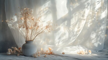 Poster - Minimal floral aesthetic featuring a delicate arrangement of dried flowers in a simple and natural setup  The muted tones and organic textures create a serene and calming ambiance