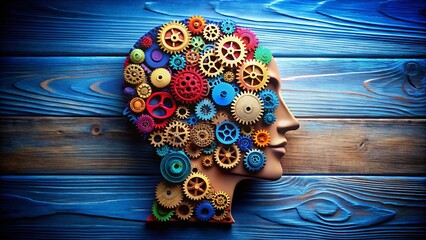 Poster - Wooden Silhouette of a Human Head with Colorful Gears Inside, Symbolizing Creativity and Cognitive Processes Against a Vivid Blue Sky Background in Low Light Photography