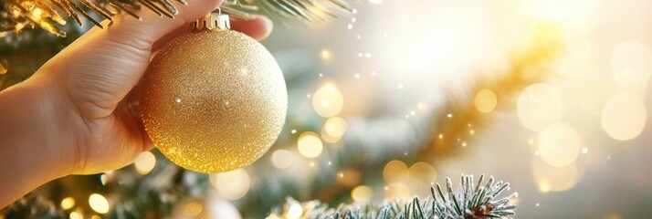 Aufkleber - Hanging a Shiny Bauble on a Christmas Tree With Festive Lights in the Background