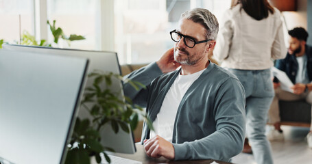 Aufkleber - Business, computer and man with neck pain, muscle tension and stress in office. Person, magazine editor and journalist in workplace, pc and tired with shoulder strain, inflammation and burnout