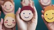 © Kharkovich - Children's hands holding colorful wooden faces with smiles on a blue background