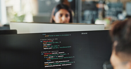 Poster - People, programmer and computer screen with code for web design, prompt or login credentials. Technology, display or software developer with programming language for AI command or instructions
