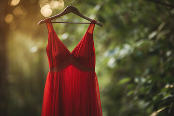 Red dress hanging on a hanger outdoors. Red dress day concept