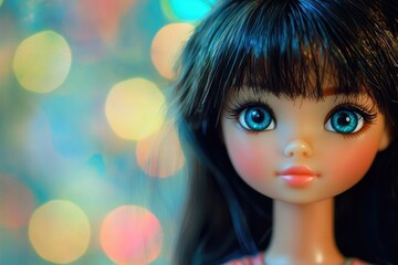 Beautiful doll with blue eyes and bokeh background