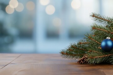 Wall Mural - A festive arrangement of pine branches and a blue ornament on wood.