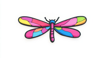 Poster - Vibrant and Colorful Dragonfly Illustration Featuring Bright Pink, Blue, Green, and Yellow Patterns Against a White Background for Artistic Inspiration