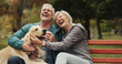 © peopleimages.com - Dog, park and old couple on bench, funny and conversation with animal lover. Outdoor, pet and happy senior man with mature woman, bonding together and relationship with break, laughing and retirement
