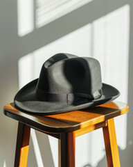 Poster - A fedora hat resting on a smooth wooden stool minimalist style indoor setting clean aesthetic captured from above for visual impact