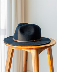 Poster - Elegantly placed fedora hat minimalist studio setting still life photography clean wooden stool modern aesthetic concept
