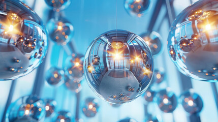 Poster - Suspended glowing orbs in perfect symmetry futuristic environment abstract pattern high-tech setting surreal viewpoint for visual impact