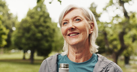 Poster - Outdoor, park and mature woman with thinking, smile and calm from exercise and fitness with bottle. Nature, happy and wellness with drink, training and workout for health in the morning on weekend