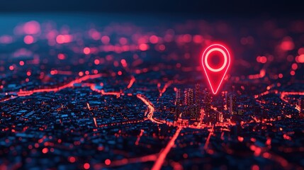 Poster - Glowing Location Pin on 3D City Map Night Navigation Urban Technology